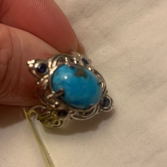 NWT Turquoise, Blue Sapphire Ring in Platinum over Sterling Silver 6.21 ctw - Picture 3 of 7